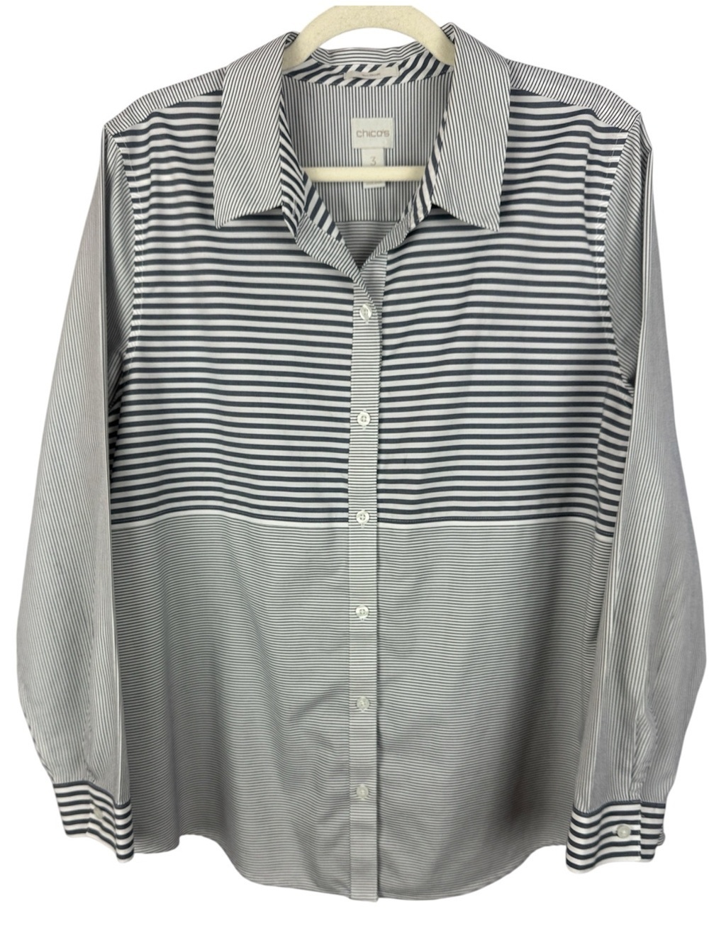 Chico's Cotton Mixed Stripe Button Down Shirt - Gray & White - Size 3 (XL)